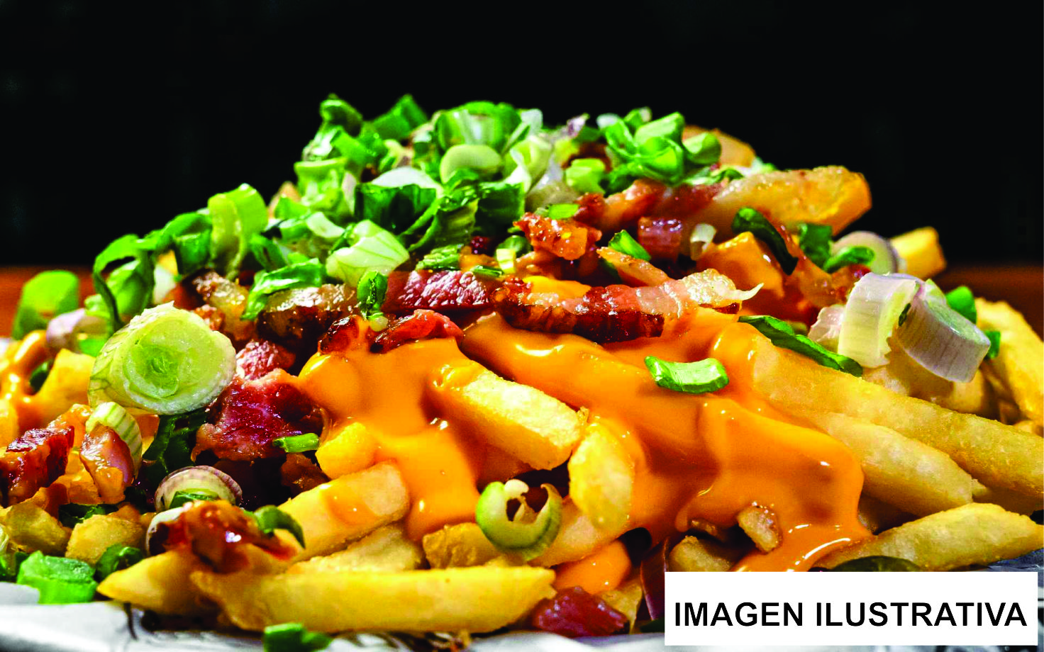 PAPAS FRITAS CHEDDAR, BACONY VERDEO